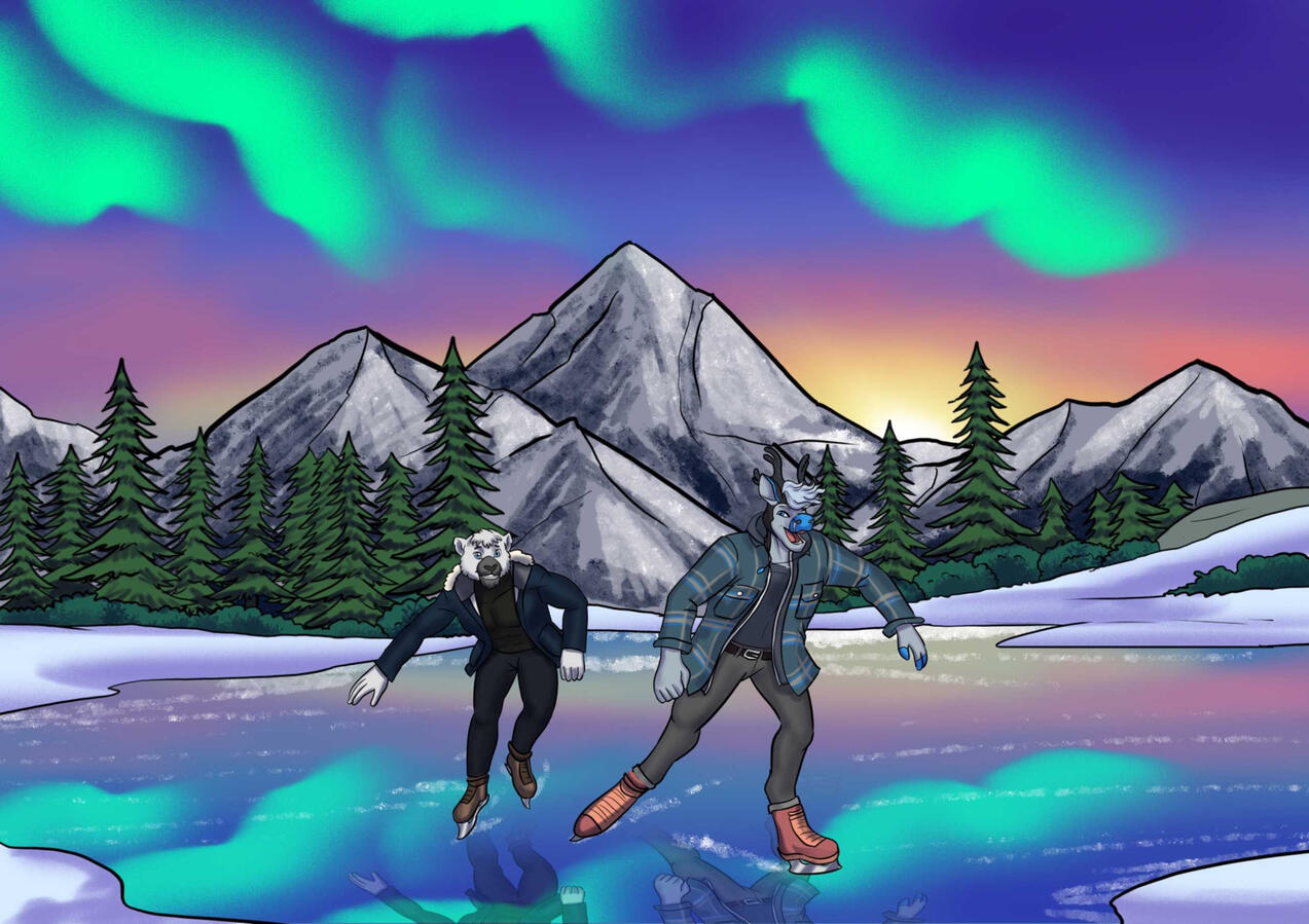 Kaisei ice skating with his friend Zephyr the tiger under an aurora on a lake in the mountains by Kelvin_Arts77 Kaisei ice skating with his friend Zephyr the tiger under an aurora on a lake in the mountains by Kelvin_Arts77