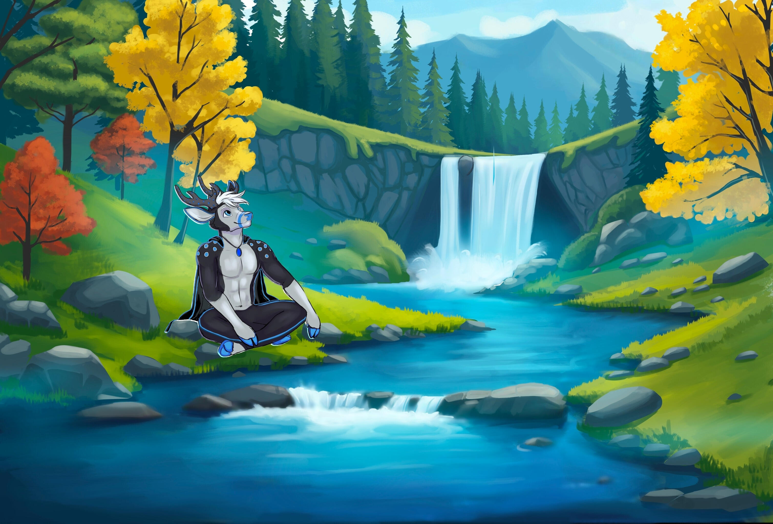 Kaisei sitting in nature with his cape and pants